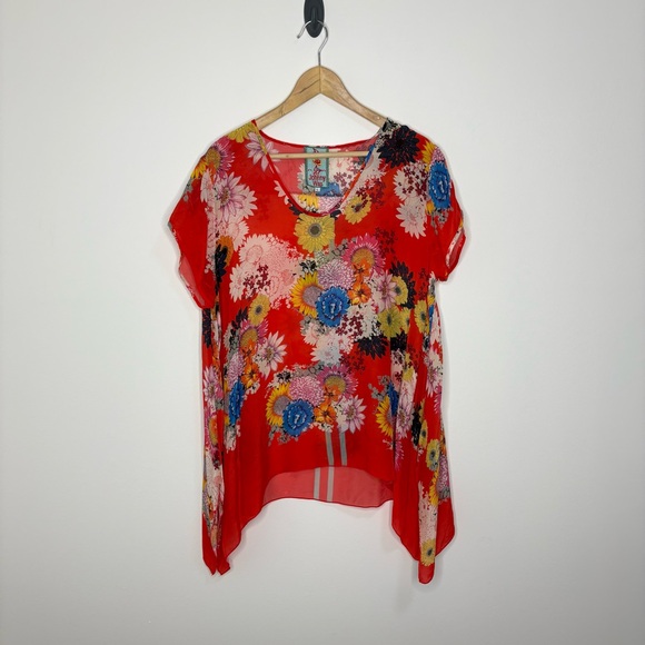 Johnny Was Tops - Johnny Was Red floral semi sheer blouse size large